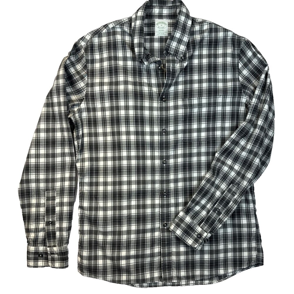 Brooks Brothers Milano Fit Men's Shirt Black White Plaid 100% Cotton Soft Tailor